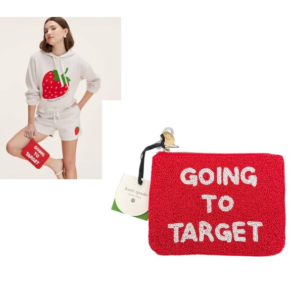 Kate Spade New York GOING TO TARGET Beaded Clutch Red White Cotton Pockets NWT - Picture 2 of 12
